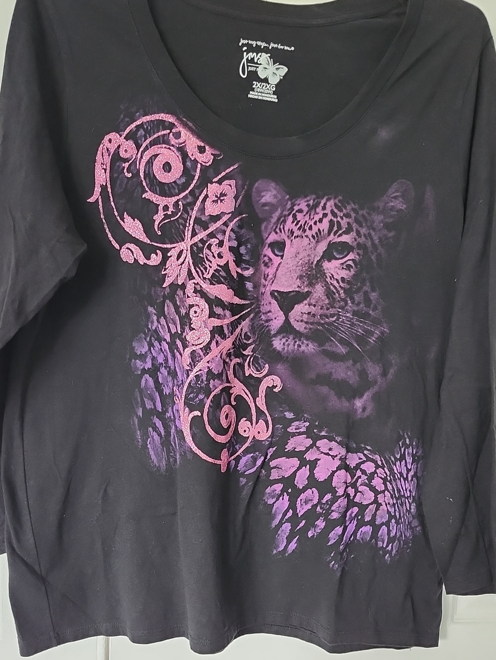 NWOT Just My Size Black Long Sleeve Tee with Pink & Purple Leopard Graphic